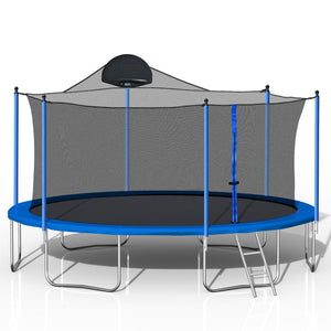 English Elm 14ft Backyard Trampoline with Basketball Hoop Safety Enclosure Net and Steel Ladder W28552056