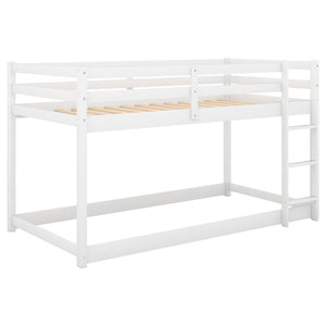 English Elm Twin Solid Pine Twin Over Twin Floor Bunk Bed with Ladder and Guardrail, Space-Saving Low Profile Design White WF293017AAK
