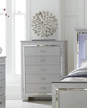 English Elm Glamourous Silver Finish Chest with 5 Dovetail Drawers, Alligator Embossed Fronts & Mirror Trim B01156436