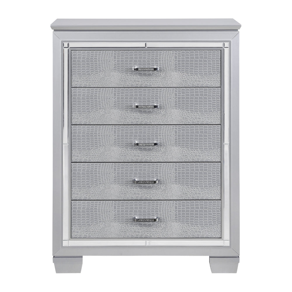 English Elm Glamourous Silver Finish Chest with 5 Dovetail Drawers, Alligator Embossed Fronts & Mirror Trim B01156436