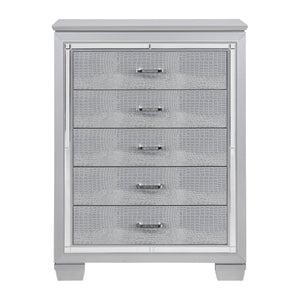English Elm Glamourous Silver Finish Chest with 5 Dovetail Drawers, Alligator Embossed Fronts & Mirror Trim B01156436