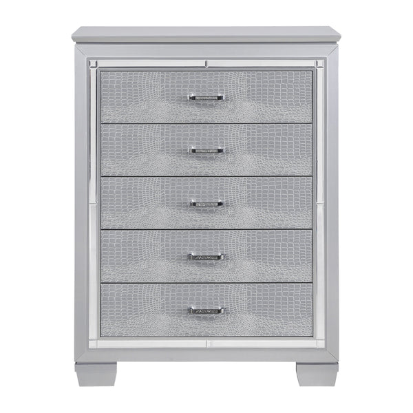 English Elm Glamourous Silver Finish Chest with 5 Dovetail Drawers, Alligator Embossed Fronts & Mirror Trim B01156436