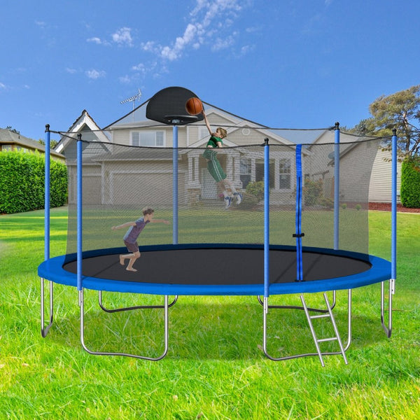 English Elm 14ft Backyard Trampoline with Basketball Hoop Safety Enclosure Net and Steel Ladder W28552056