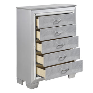 English Elm Glamourous Silver Finish Chest with 5 Dovetail Drawers, Alligator Embossed Fronts & Mirror Trim B01156436
