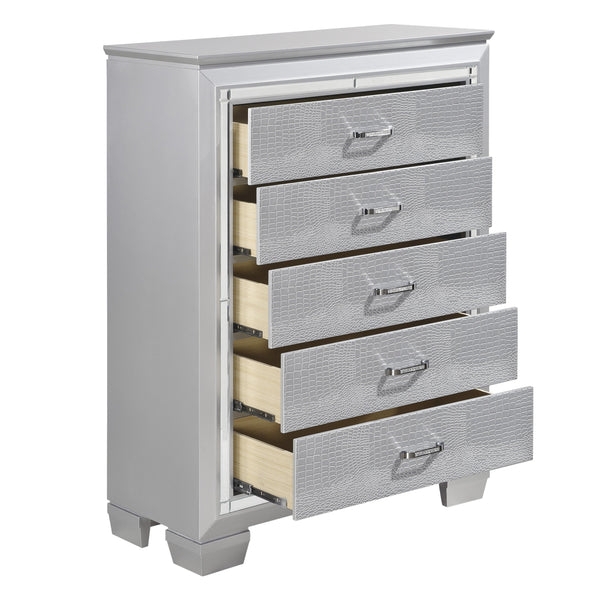 English Elm Glamourous Silver Finish Chest with 5 Dovetail Drawers, Alligator Embossed Fronts & Mirror Trim B01156436