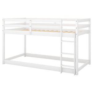English Elm Twin Solid Pine Twin Over Twin Floor Bunk Bed with Ladder and Guardrail, Space-Saving Low Profile Design White WF293017AAK