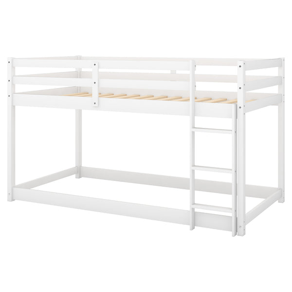 English Elm Twin Solid Pine Twin Over Twin Floor Bunk Bed with Ladder and Guardrail, Space-Saving Low Profile Design White WF293017AAK