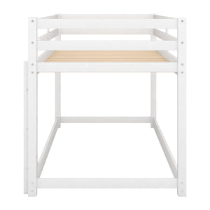 English Elm Twin Solid Pine Twin Over Twin Floor Bunk Bed with Ladder and Guardrail, Space-Saving Low Profile Design White WF293017AAK