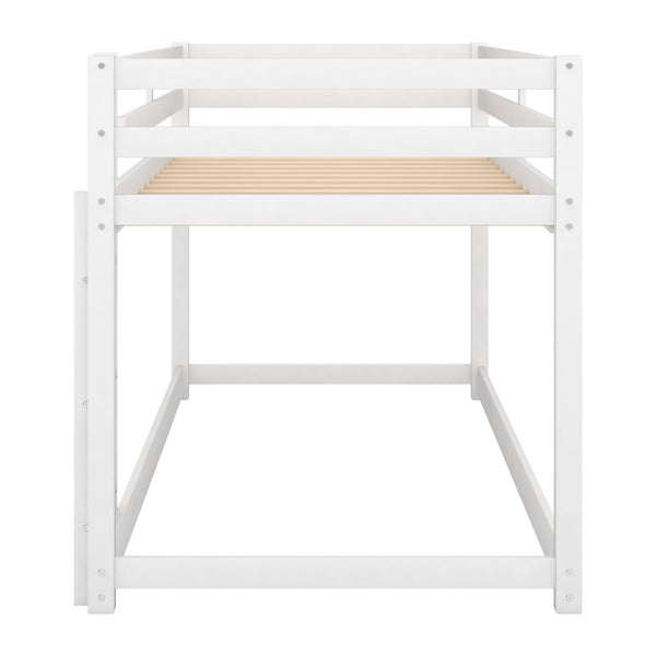 English Elm Twin Solid Pine Twin Over Twin Floor Bunk Bed with Ladder and Guardrail, Space-Saving Low Profile Design White WF293017AAK