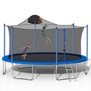 English Elm 14ft Backyard Trampoline with Basketball Hoop Safety Enclosure Net and Steel Ladder W28552056