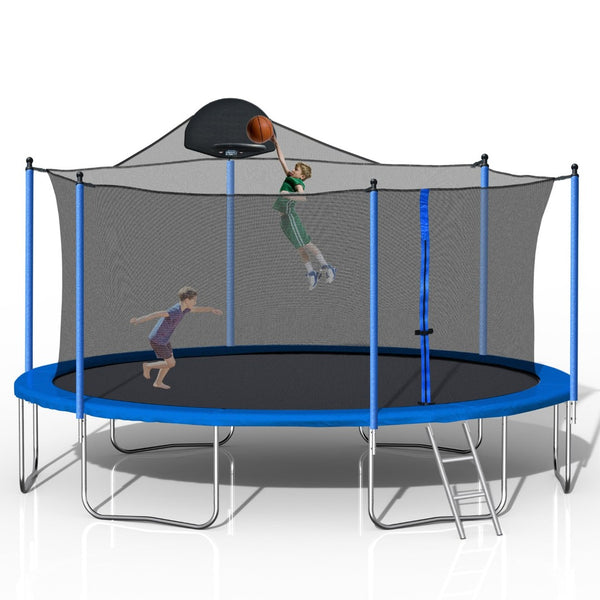 English Elm 14ft Outdoor Trampoline with Basketball Hoop Safety Enclosure Net and Steel Ladder W285128088
