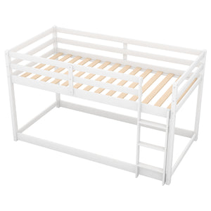 English Elm Twin Solid Pine Twin Over Twin Floor Bunk Bed with Ladder and Guardrail, Space-Saving Low Profile Design White WF293017AAK