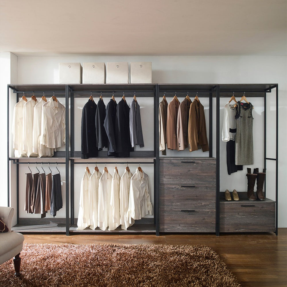 English Elm Monica Modular Closet System with Metal Frame Three Drawers Open Shelf Rustic Gray B040S00174