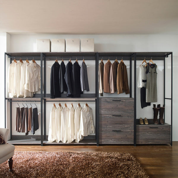 English Elm Monica Modular Closet System with Metal Frame Three Drawers Open Shelf Rustic Gray B040S00174