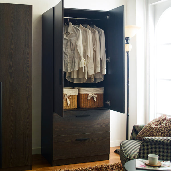 English Elm Brook Two-Door Wood Closet Dark Brown — Deep Storage, Water/Scratch Resistant, Eco E0, Made in Korea B040S00006