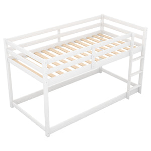 English Elm Twin Solid Pine Twin Over Twin Floor Bunk Bed with Ladder and Guardrail, Space-Saving Low Profile Design White WF293017AAK
