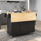 English Elm Rolling Mobile Kitchen Island With Solid Wood Top and Locking Wheels,52.7 Inch Width,Storage Cabinet and Drop Leaf Breakfast Bar,Spice Rack, Towel Rack & Drawer (Black)