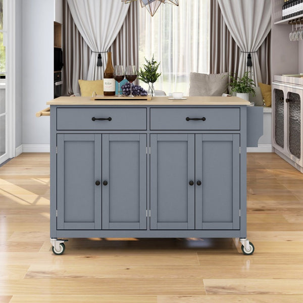 English Elm Kitchen Island Cart Solid Wood Top Farmhouse Style with Locking Casters and Spice Rack Blue WF286911AAG