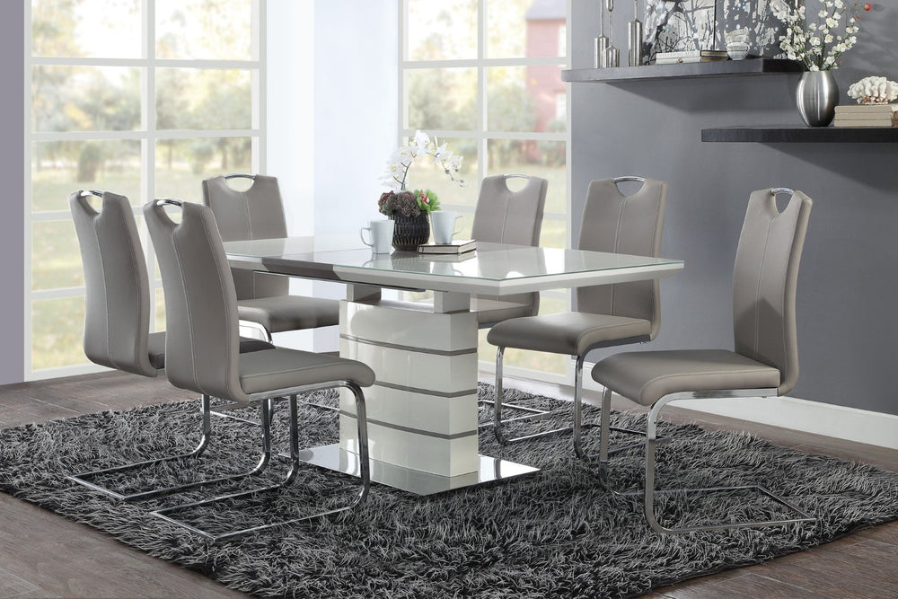 English Elm Modern High Gloss White Pedestal Dining Set with Chrome Accents and Faux Leather Chairs B011S00281