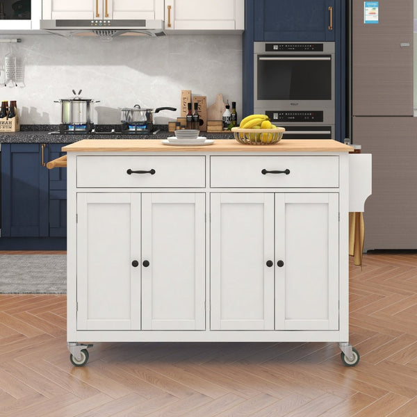 English Elm Kitchen Island Cart Solid Wood Top Farmhouse Style with Locking Casters and Spice Rack White WF286911AAW