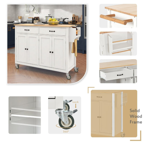 English Elm Kitchen Island Cart Solid Wood Top Farmhouse Style with Locking Casters and Spice Rack White WF286911AAW