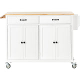 English Elm Kitchen Island Cart With Solid Wood Top and Locking Wheels,54.3 Inch Width,4 Door Cabinet and Two Drawers,Spice Rack, Towel Rack (White)