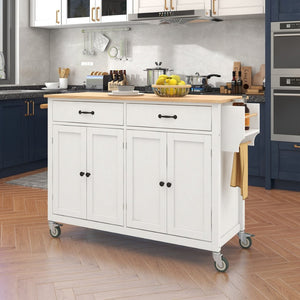 English Elm Kitchen Island Cart Solid Wood Top Farmhouse Style with Locking Casters and Spice Rack White WF286911AAW