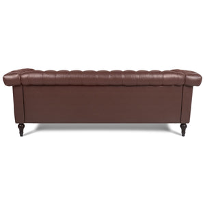 English Elm 83.66 Inch Pu Leather Three Seat Sofa with Silver Stud Trim and Birch Legs Dark Brown W68042995