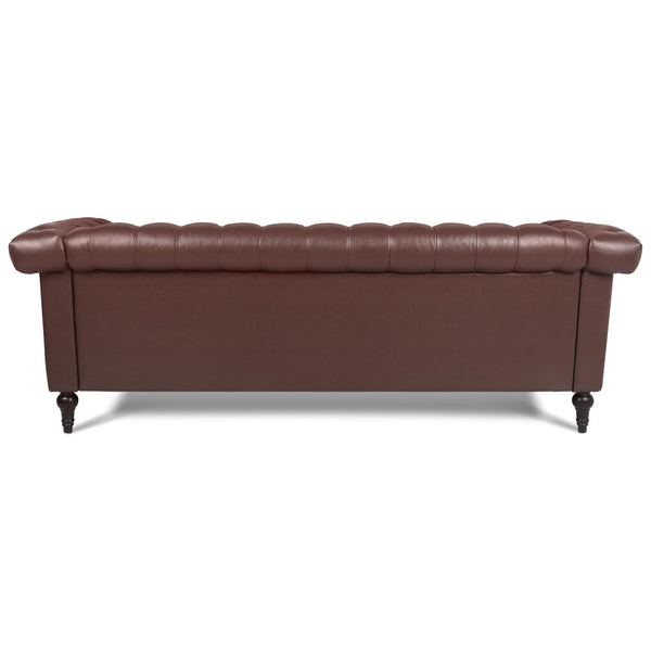 English Elm 83.66 Inch Pu Leather Three Seat Sofa with Silver Stud Trim and Birch Legs Dark Brown W68042995