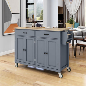 English Elm Kitchen Island Cart Solid Wood Top Farmhouse Style with Locking Casters and Spice Rack Blue WF286911AAG