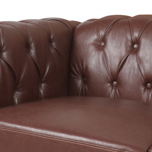 English Elm 83.66 Inch Pu Leather Three Seat Sofa with Silver Stud Trim and Birch Legs Dark Brown W68042995