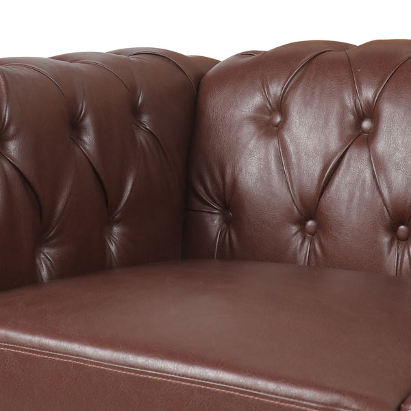 English Elm 83.66 Inch Pu Leather Three Seat Sofa with Silver Stud Trim and Birch Legs Dark Brown W68042995