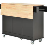 English Elm Rolling Mobile Kitchen Island With Solid Wood Top and Locking Wheels,52.7 Inch Width,Storage Cabinet and Drop Leaf Breakfast Bar,Spice Rack, Towel Rack & Drawer (Black)