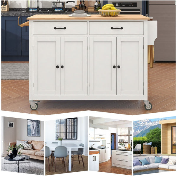 English Elm Kitchen Island Cart Solid Wood Top Farmhouse Style with Locking Casters and Spice Rack White WF286911AAW