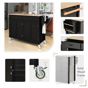 English Elm Kitchen Island Cart Solid Wood Top Four Door Cabinet Spice Towel Rack Locking Casters WF286911AAB