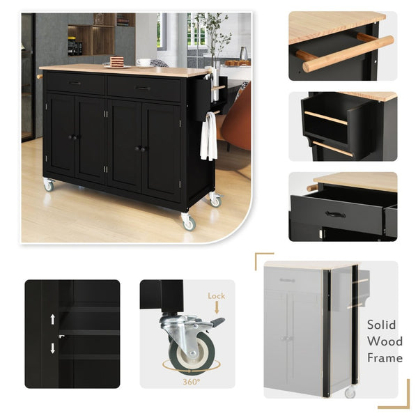 English Elm Kitchen Island Cart Solid Wood Top Four Door Cabinet Spice Towel Rack Locking Casters WF286911AAB