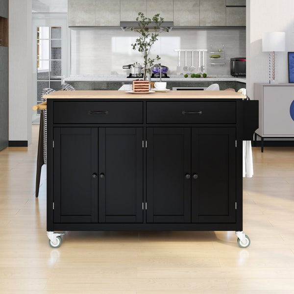 English Elm Kitchen Island Cart Solid Wood Top Four Door Cabinet Spice Towel Rack Locking Casters WF286911AAB