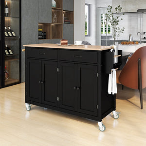 English Elm Kitchen Island Cart Solid Wood Top Four Door Cabinet Spice Towel Rack Locking Casters WF286911AAB