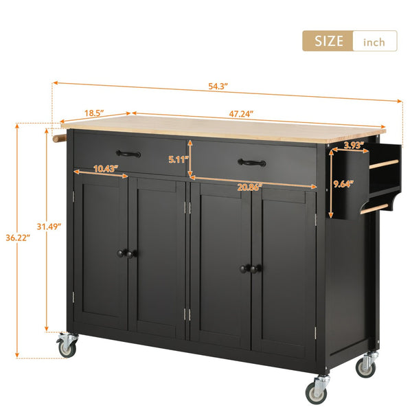English Elm Kitchen Island Cart Solid Wood Top Four Door Cabinet Spice Towel Rack Locking Casters WF286911AAB