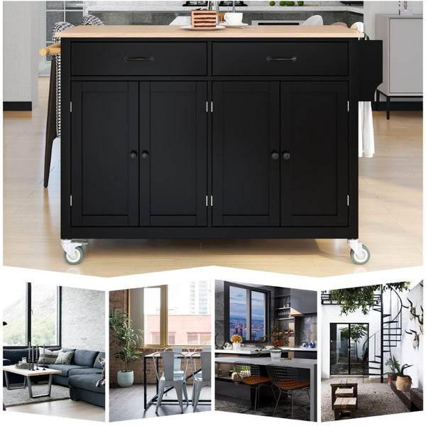 English Elm Kitchen Island Cart Solid Wood Top Four Door Cabinet Spice Towel Rack Locking Casters WF286911AAB