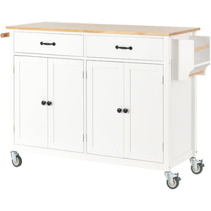 English Elm Kitchen Island Cart Solid Wood Top Farmhouse Style with Locking Casters and Spice Rack White WF286911AAW