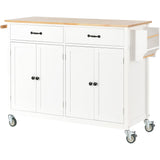 English Elm Kitchen Island Cart With Solid Wood Top and Locking Wheels,54.3 Inch Width,4 Door Cabinet and Two Drawers,Spice Rack, Towel Rack (White)