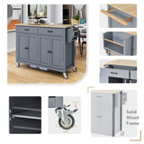 English Elm Kitchen Island Cart With Solid Wood Top and Locking Wheels,54.3 Inch Width,4 Door Cabinet and Two Drawers,Spice Rack, Towel Rack (Grey Blue)