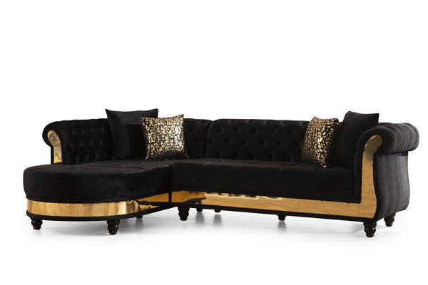 English Elm Gold Tufted Velvet L-Shaped Sectional Sofa with Quilted Seats, Gold Trim and Plush High-Density Cushions Black B009S00934