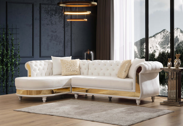 English Elm Gold Tufted Velvet L-Shaped Sectional Sofa with Quilted Seats, Gold Trim and Plush High-Density Cushions Beige B009S00935