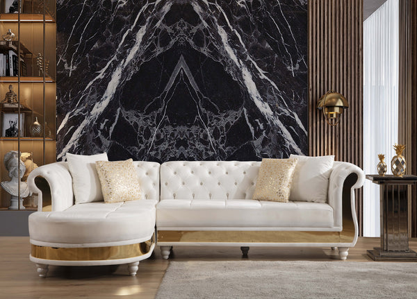 English Elm Gold Tufted Velvet L-Shaped Sectional Sofa with Quilted Seats, Gold Trim and Plush High-Density Cushions Beige B009S00935
