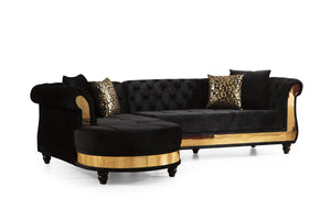 English Elm Gold Tufted Velvet L-Shaped Sectional Sofa with Quilted Seats, Gold Trim and Plush High-Density Cushions Black B009S00934