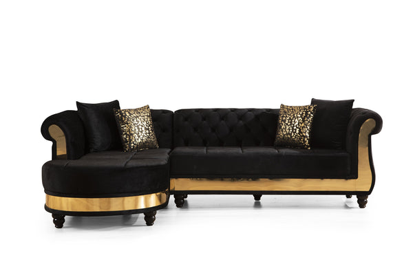 English Elm Gold Tufted Velvet L-Shaped Sectional Sofa with Quilted Seats, Gold Trim and Plush High-Density Cushions Black B009S00934