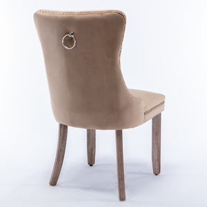 English Elm Nikki Velvet Wingback Dining Chair Set Tufted Brass Nailhead Solid Wood Legs Khaki W114381107