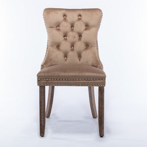 English Elm Nikki Velvet Wingback Dining Chair Set Tufted Brass Nailhead Solid Wood Legs Khaki W114381107
